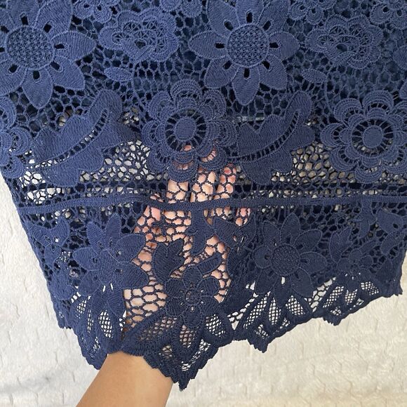 La Reyna Denim Lace Off The Shoulder Dress Pockets Side Zip Boho Cottagecore S - Picture 10 of 11